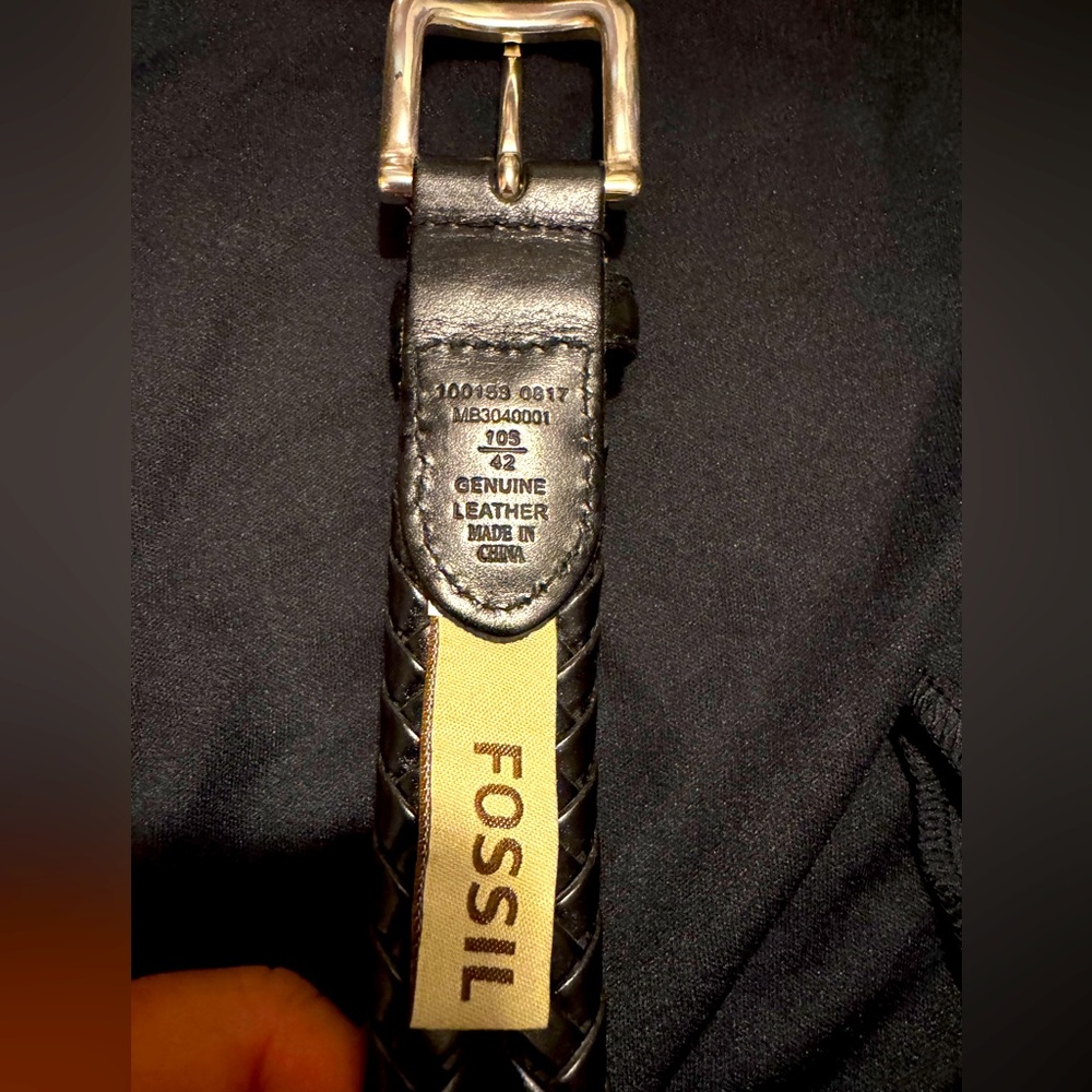 Fossil Black Genuine Leather Belt with Silver Buckle, Men’s waist size 42